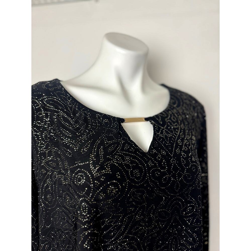 JM Collection Black, Sparkle Jacquard 3/4 Sleeve Blouse w/Detail on Neckline 3X
